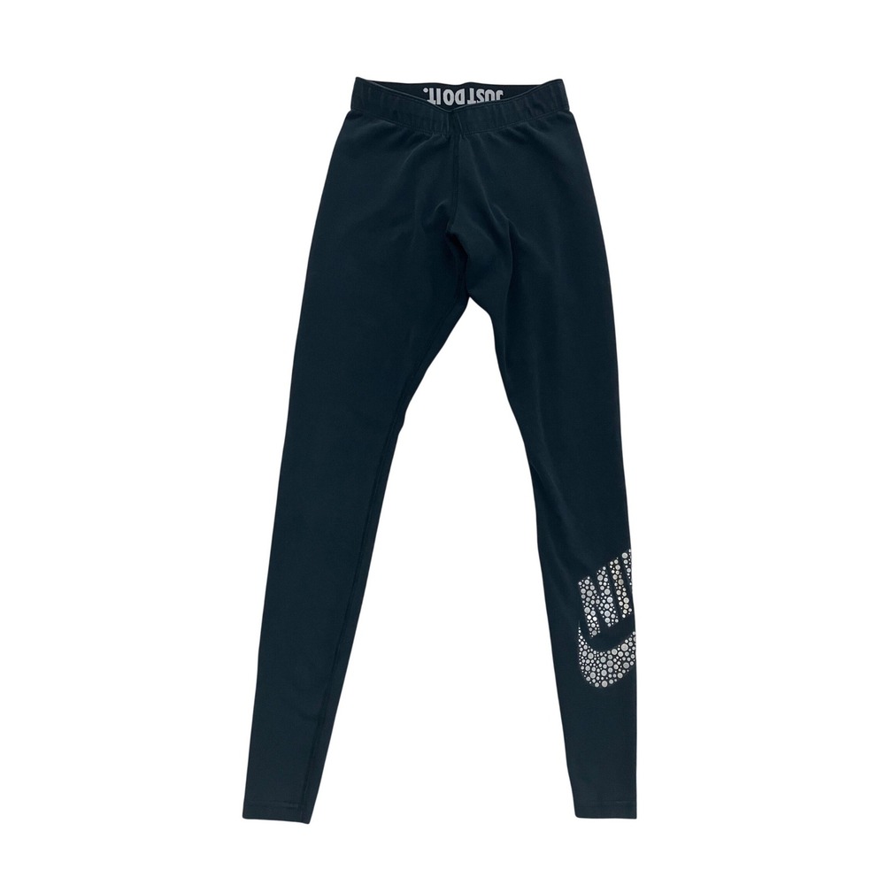 Nike Womens XS Black Leggings Silver Metallic Dot Logo‎ Just Do It Waistband